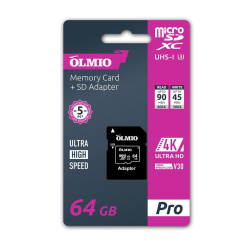 Карта флеш-памяти Olmio microSDXC 64Gb Class10 UHS-I U3 V30 c адаптером