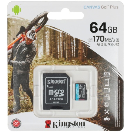 Карта флеш-памяти Kingston microSDXC 64GB Class10 Canvas Go Plus A2 U3 V30 + ADP