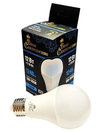 Лампа Ваше Сиятельство ЛОН A60 E27 12W(1240lm) 6500K, матовая, IC-драйвер