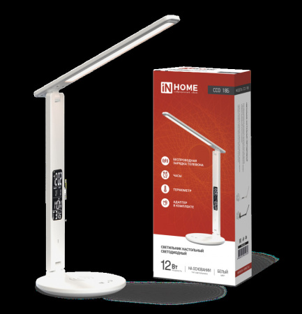 Настольный светильник ASD/inHome ССО-18Б (12W(600lm) 3-6K сенсор/дим, б/п з/у, часы, темп) бел