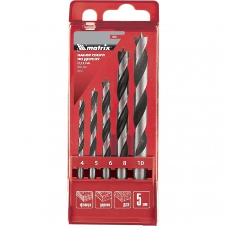 Набор сверл по дереву Matrix, 4-5-6-8-10 мм, 5шт.