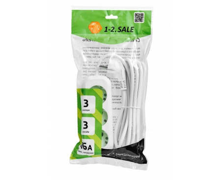 Сетевой удлинитель 1-2.SALE ПВС 3х1 3роз.  3м 16А земля (корпус АБС-пластик) E1М 860472