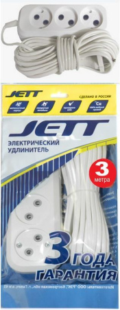 Удлинитель Jett ШВВП 2х0.75 3 роз. 3 м 6А белый РС-3