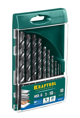 Набор сверл по металлу Kraftool HSS-G, 10 шт, (1-10 мм), сталь P6M5