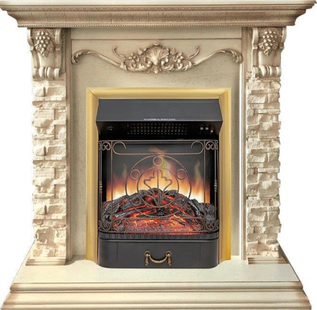Каминокомплект: Портал Adriana слоновая кость, патина с очагом Royal Flame Majestic FX Brass