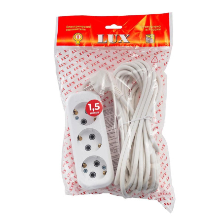 Сетевой удлинитель LUX У3-E-02 10А 250В, 3-местный с з/к, 1.5м